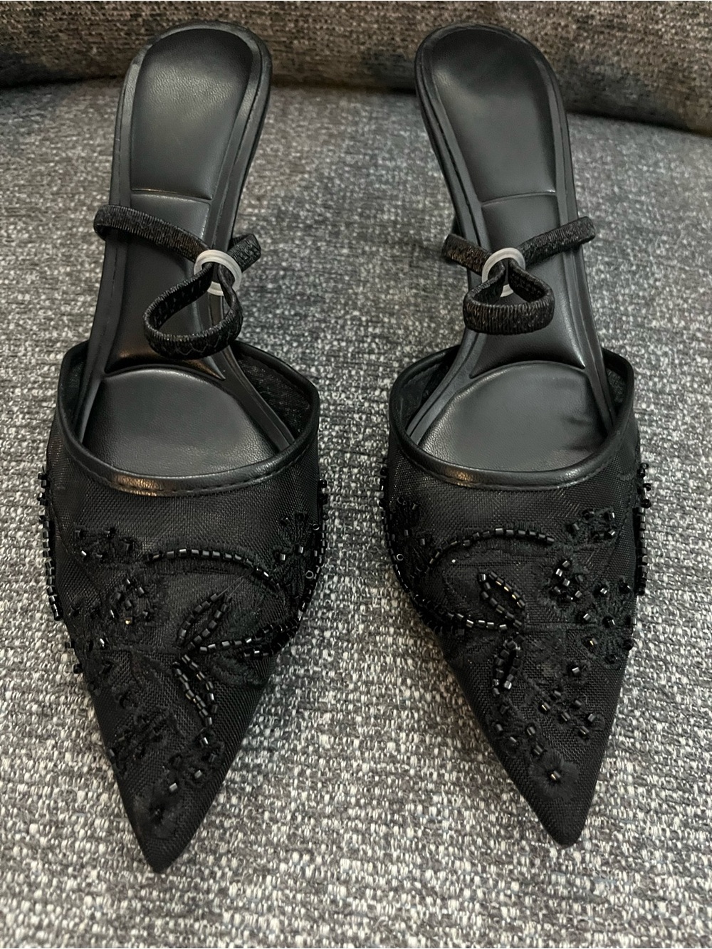 312–Black Beaded Pointed-Toe Women's Mules